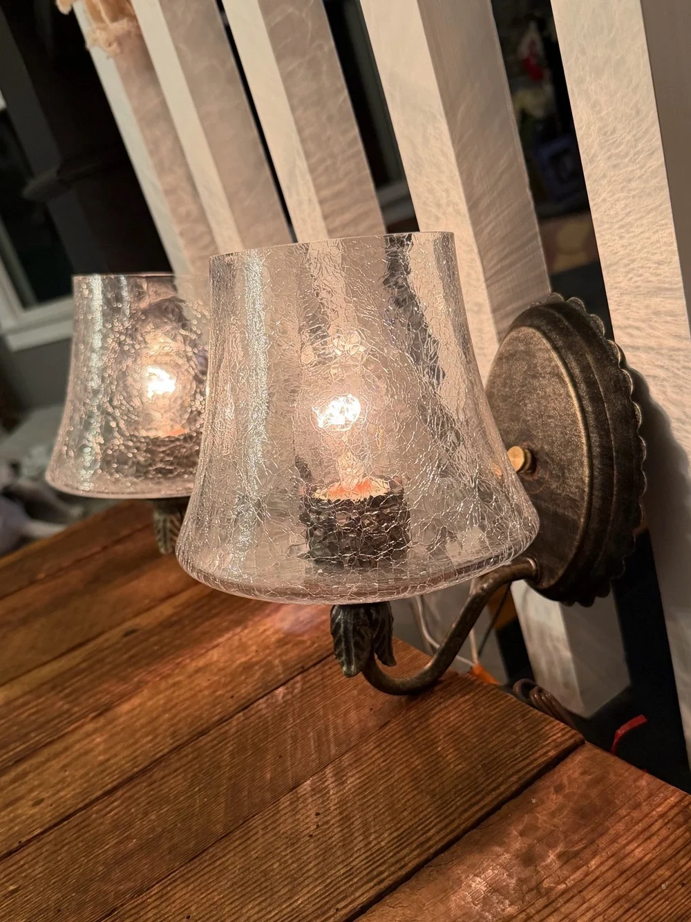Vintage Crackle Glass Wall Sconce Pair with Bronze-tone Accents